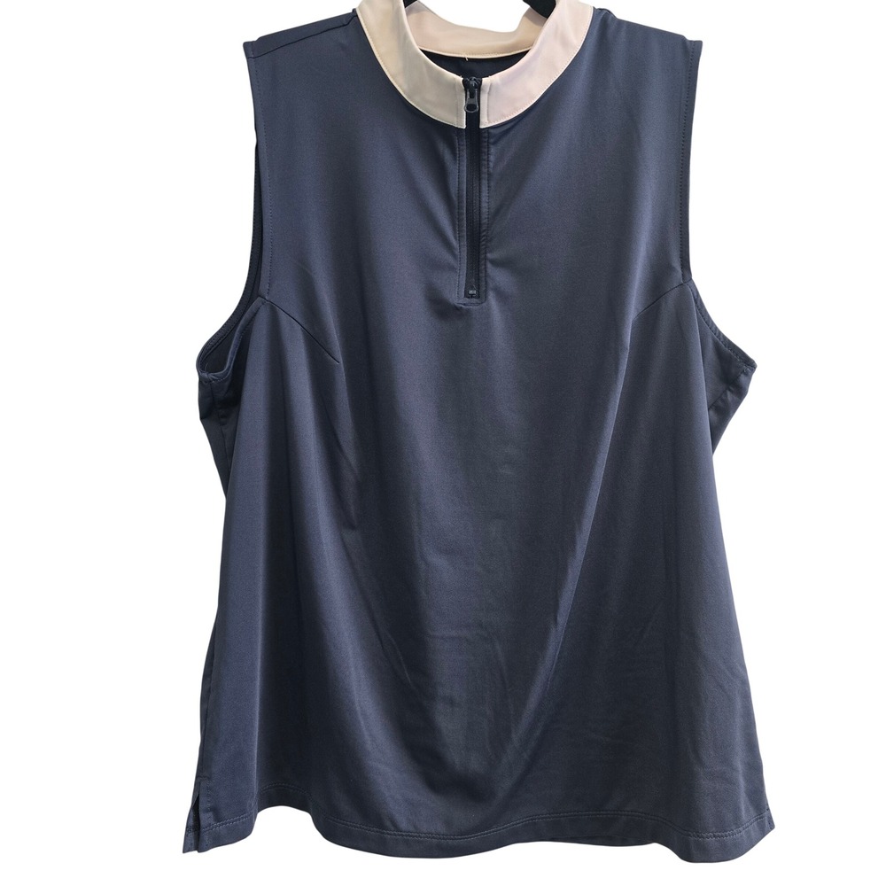 Tommy Bahama Golf Womens XL Navy Blue Cream Sleeveless Quarter Zip Polo Top